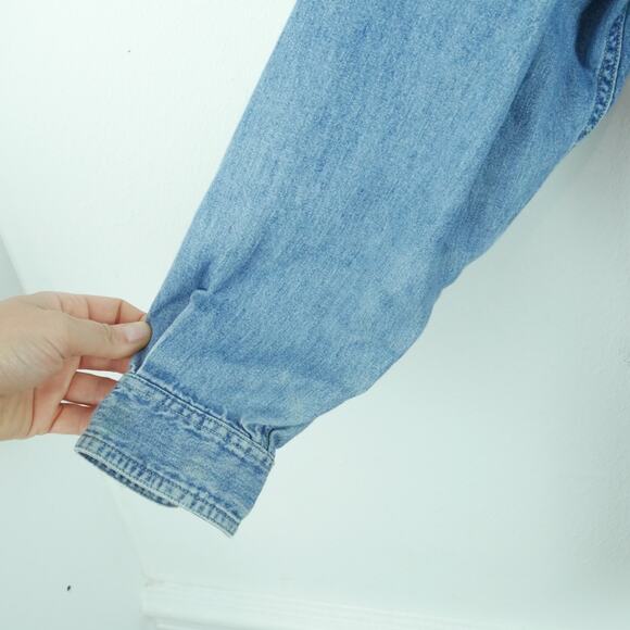 Vintage Large Jacket Denim Chambray Hoodie Fall 90s Normcore Utility Preppy - Picture 6 of 9